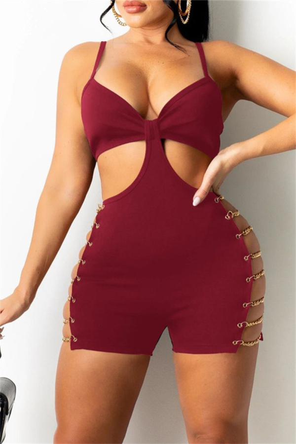 Burgundy Sexy Solid Hollowed Out Chains Backless Zipper Spaghetti Strap Skinny Romper
