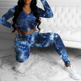 Dark Blue Casual Patchwork Tie-dye V Neck Long Sleeve Two Pieces
