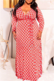 Pink Fashion Casual Plus Size Print With Belt V Neck Long Sleeve Dresses