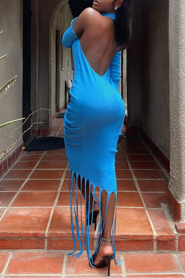 Sky Blue Sexy Solid Tassel Halter Irregular Dress Dresses