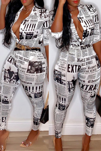 White Casual Print Patchwork Turndown Collar Long Sleeve Two Pieces