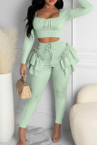 Light Green Casual Solid Patchwork Flounce O Neck Long Sleeve Two Pieces