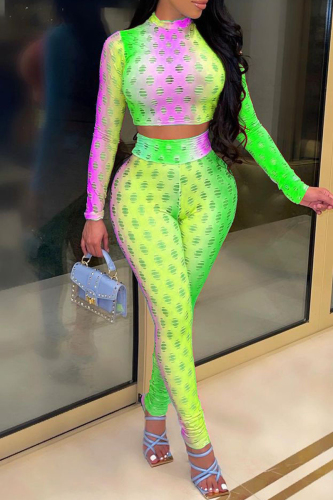 Green Fashion Casual Print Hollowed Out Half A Turtleneck Long Sleeve Two Pieces