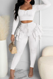 White Casual Solid Patchwork Flounce O Neck Long Sleeve Two Pieces