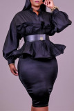 Black Fashion Casual Solid Split Joint Without Belt V Neck Plus Size Two Pieces