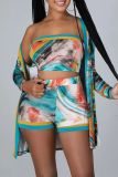 Peacock Blue Sexy Print Split Joint Strapless Long Sleeve Three Pieces