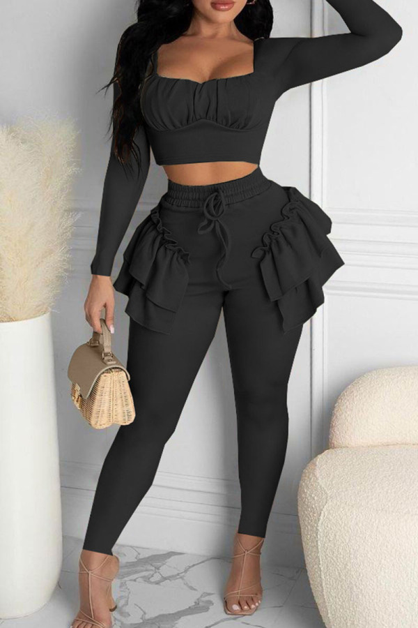 Black Casual Solid Patchwork Flounce O Neck Long Sleeve Two Pieces