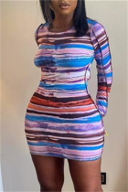 Brown Fashion Sexy Striped Print Backless O Neck Long Sleeve Dresses