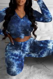 Blue Casual Patchwork Tie-dye V Neck Long Sleeve Two Pieces