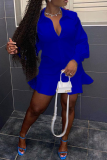 Blue Casual Solid Flounce Turndown Collar Shirt Dress Dresses