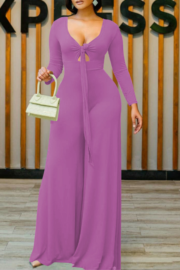 Purple Sexy Solid Patchwork V Neck Loose Jumpsuits