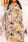 Green Fashion Casual Plus Size Print With Belt V Neck Long Sleeve Dresses