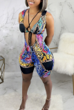 Multicolor Sexy Print Hollowed Out Halter Skinny Rompers