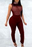 Blue Sexy Solid Split Joint See-through Hot Drill Turtleneck Skinny Jumpsuits