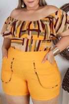 Yellow Casual Print Flounce Off the Shoulder Plus Size Two Pieces