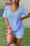 Blue Fashion Striped Print T-shirt Shorts Set