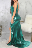 Green Sexy Solid High Opening Cake Skirt Dresses