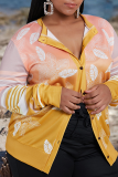 Yellow Casual Print Patchwork Turndown Collar Plus Size Overcoat