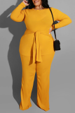 Yellow Casual Solid Patchwork O Neck Plus Size Two Pieces
