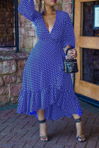 Blue Casual Dot Flounce V Neck Irregular Dress Plus Size Dresses