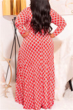 Red Fashion Casual Plus Size Print With Belt V Neck Long Sleeve Dresses