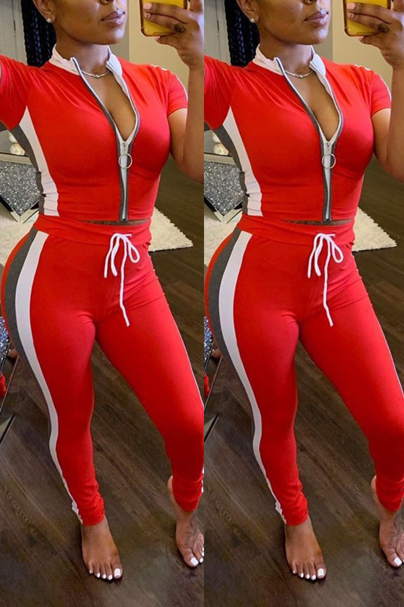 red stretch trousers