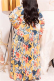 Yellow Fashion Casual Plus Size Print With Belt V Neck Long Sleeve Dresses