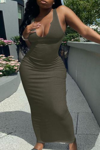 Army Green Casual Daily Solid Patchwork V Neck A Line Dresses