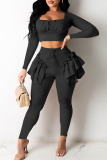 Black Casual Solid Patchwork Flounce O Neck Long Sleeve Two Pieces