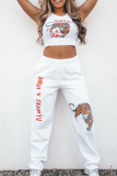 White Casual Print Letter Harlan Mid Waist Harlan Positioning Print Bottoms