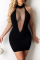 Black Sexy Patchwork See-through Backless Strap Design Halter Sleeveless Dress
