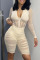 Cream White Sexy Solid Patchwork See-through Fold Mesh V Neck Skinny Jumpsuits