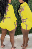 Yellow Casual Print Patchwork With Belt Turndown Collar Straight Rompers