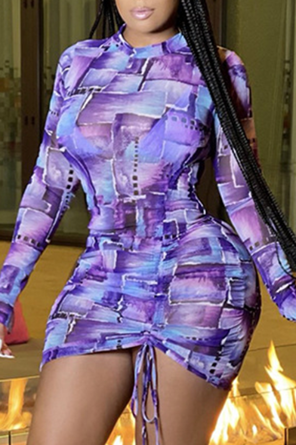 Purple Sexy Print Patchwork O Neck Pencil Skirt Dresses