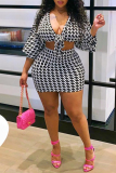 Black Sexy Casual Print Bandage V Neck Plus Size Two Pieces