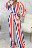 Stripe Casual Striped Patchwork V Neck Straight Jumpsuits