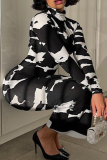 Black Fashion Casual Plus Size Print Basic Turtleneck Long Sleeve Dresses