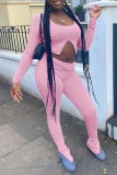 Pink Fashion Casual Solid Slit O Neck Long Sleeve Two Pieces