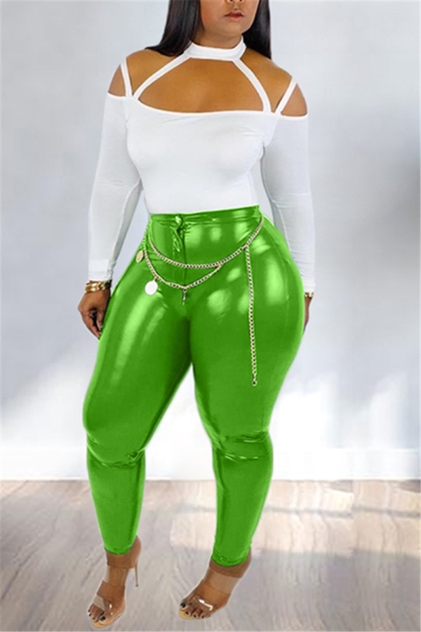 Green Sexy Top Hanging Neck PU Pants Two-Piece Suit