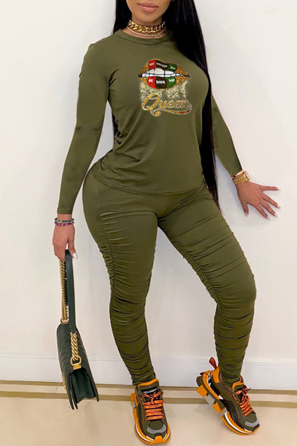 Army Green Fashion Casual Print Fold O Neck Long Sleeve Two Pieces