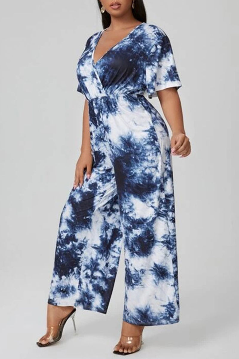 

Tibetan Blue Casual Patchwork Tie-dye V Neck Plus Size Jumpsuits