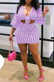 Purple Sexy Casual Print Bandage V Neck Plus Size Two Pieces