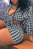 Black Sexy Casual Print Bandage V Neck Plus Size Two Pieces