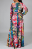 Multicolor Sexy Print Patchwork V Neck Irregular Dress Dresses