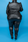 Black Sexy Solid Patchwork Turndown Collar Plus Size Two Pieces