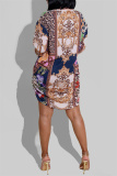 Multicolor Fashion Casual Print Basic Turndown Collar Long Sleeve Shirt Dress