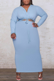 Blue Sexy Solid Patchwork V Neck Plus Size Two Pieces