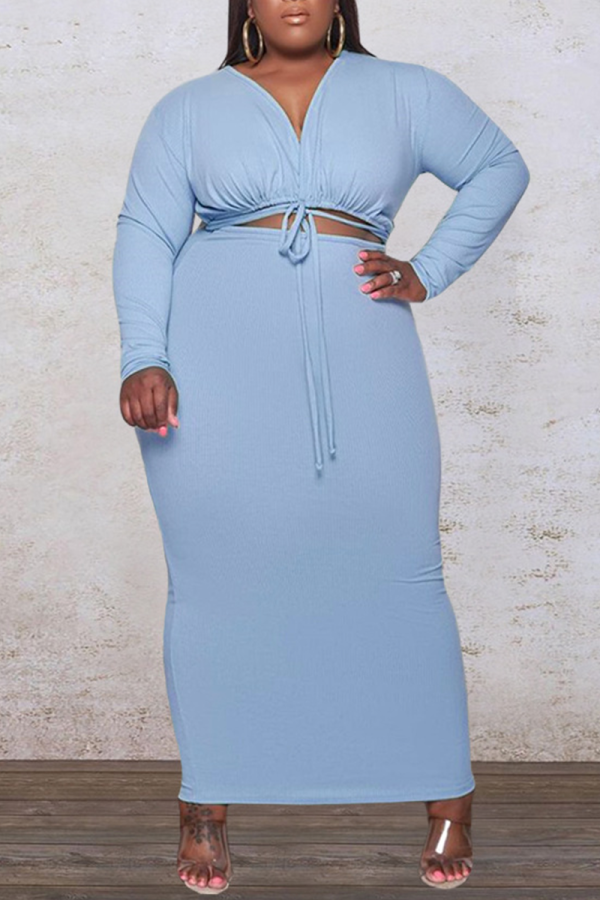 Blue Sexy Solid Patchwork V Neck Plus Size Two Pieces