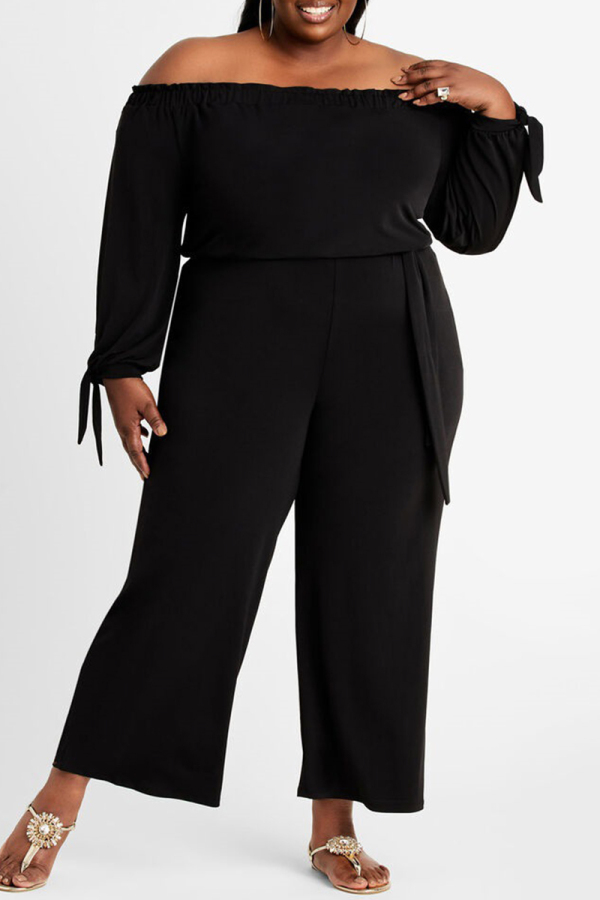 Black Fashion Casual Solid Backless Off the Shoulder Plus Size Jumpsuits