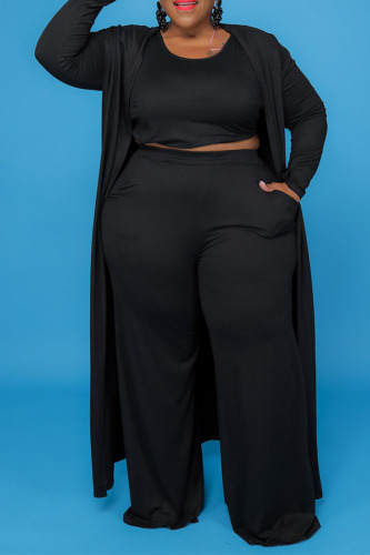 Black Casual Solid Patchwork U Neck Plus Size Two Pieces
